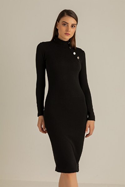 Kadın Düğme Detaylı Dik Yaka Akrilik Kumaş Uzun Kollu Siyah Elbise 018