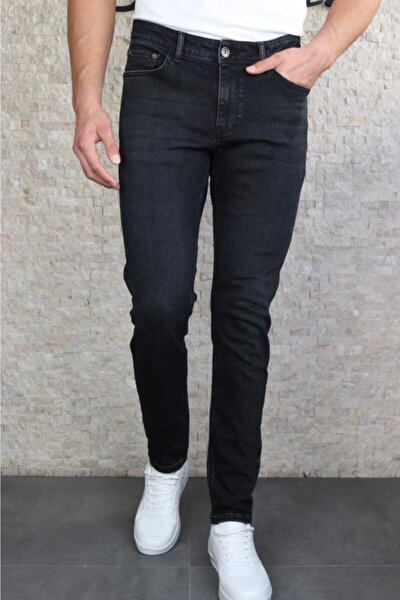 Erkek Koyu Taşlamalı Siyah Slim Fit Esnek Likralı Denim Jeans Kot Pantolon Hlthe001972