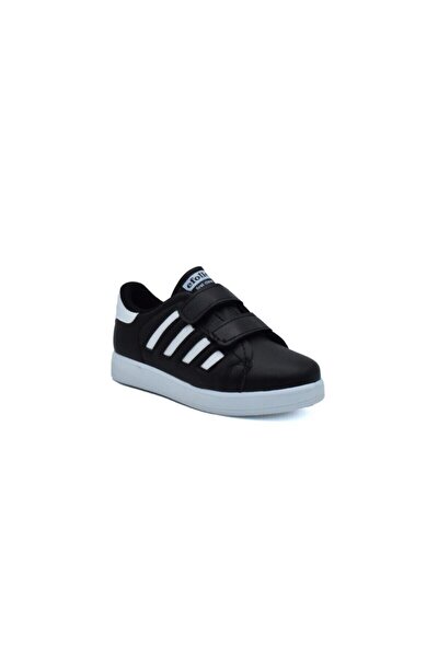 Unisex Cırtlı Çocuk Spor Ayakkabı 4 Bant Siyah Beyaz Spor