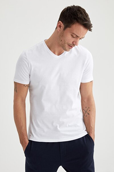 Slim Fit V Yaka Basic Beyaz Tişört