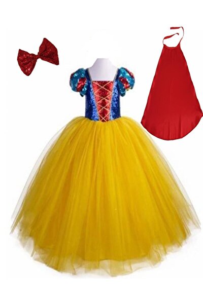 Kız Çocuk Sarı Berra Tarlatanlı Pelerinli Taçlı Pamuk Prenses Kostüm