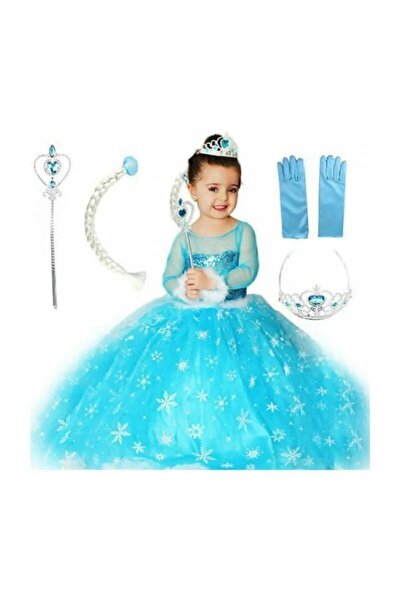 Kız Çocuk Mavi Uzun Kol Simli Tarlatanlı Full Set Elsa Kostümü
