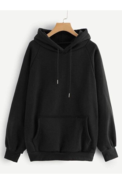 Unisex Siyah Düz Basic Sweatshirt