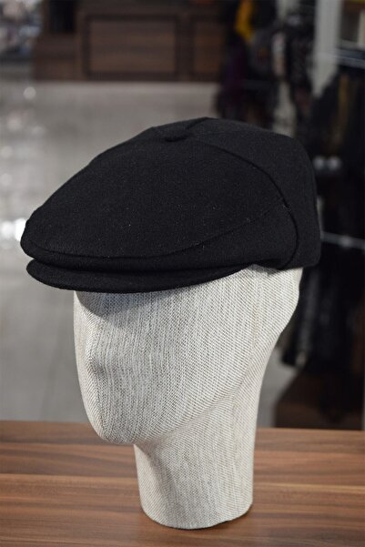 Düğmeli Klasik Kasket Siyah Kasket Kaşe Kışlık Kumaş Şapka