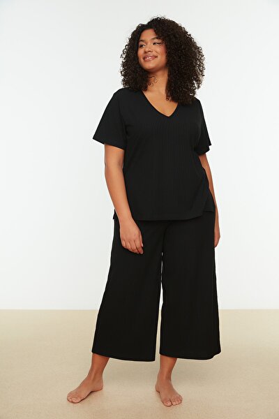 Plus Size Pajama Set - Black - Plain