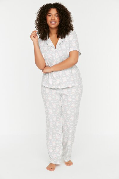 Plus Size Pajama Set - Gray - With Slogan