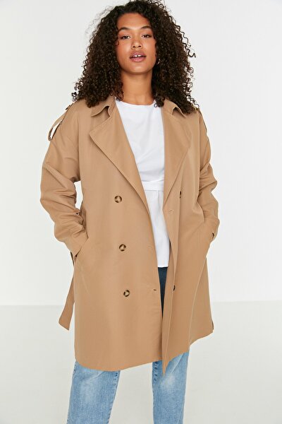 Plus Size Trench Coat - Beige - Double-breasted