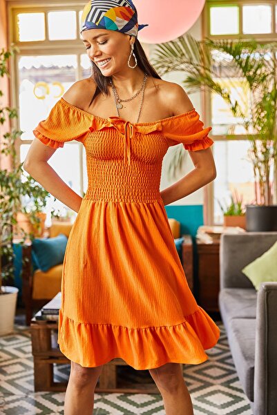 Kleid - Orange - Gerüschter Saum
