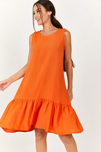 Kleid - Orange - Gerüschter Saum