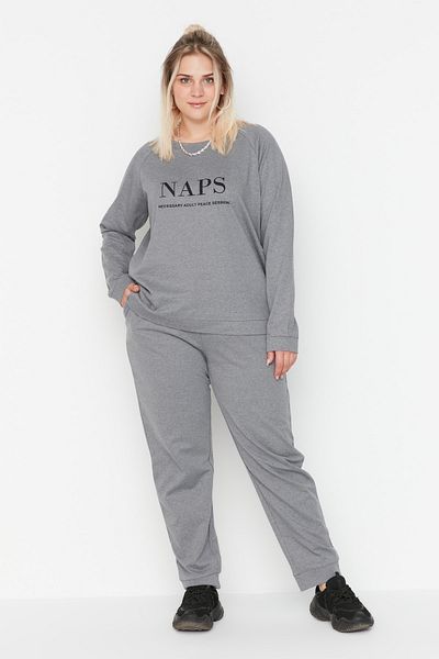 Plus Size Pajama Set - Gray - With Slogan
