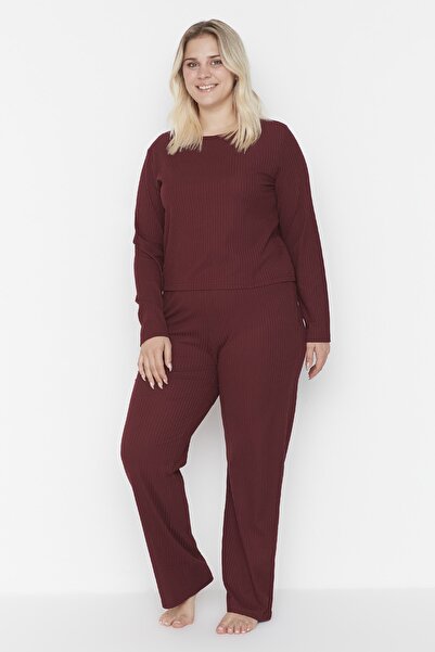 Plus Size Pajama Set - Burgundy - Plain