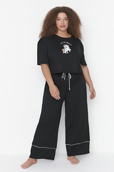 Plus Size Pajama Set - Black - With Slogan