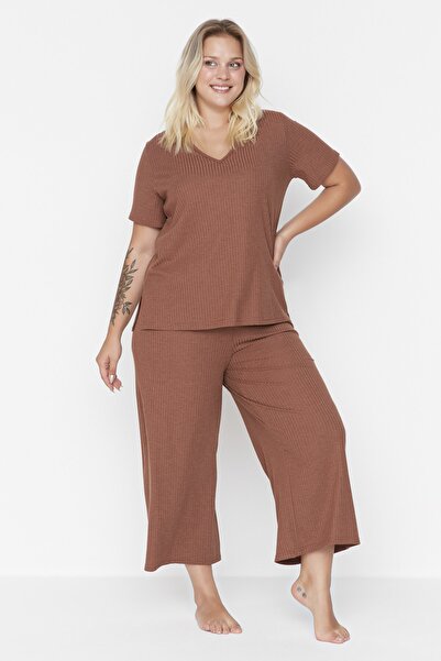 Plus Size Pajama Set - Brown - Plain