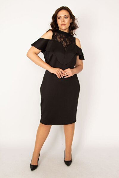Plus Size Evening Dress - Black - Off-shoulder