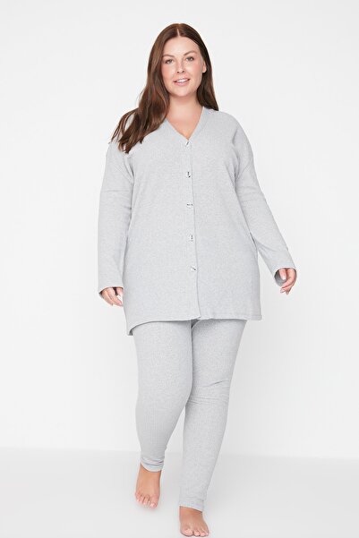 Plus Size Pajama Set - Gray - Plain