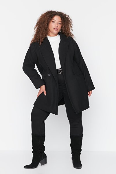 Plus Size Coat - Black - Double-breasted