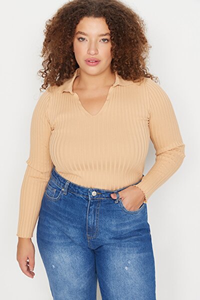 Plus Size Sweater - Beige - Fitted