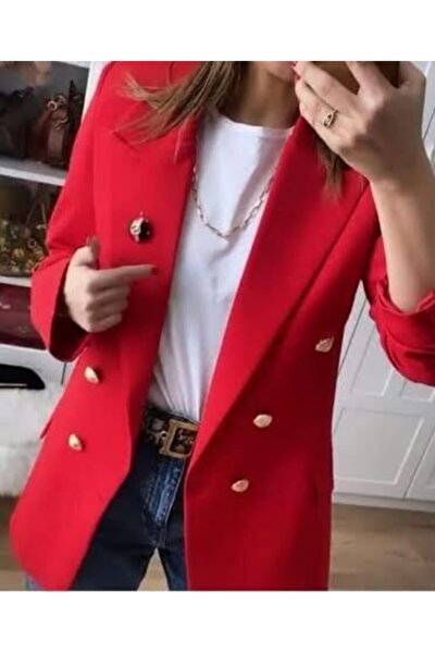 Uzun Gold Düğmeli Kırmızı Blazer Ceket