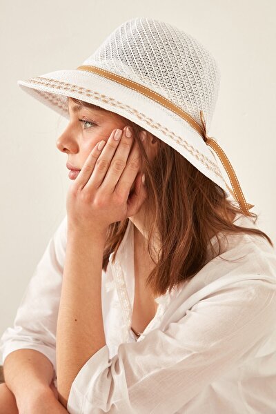 Kadın Merserize Plaj Şapkası T1740-26 Beyaz