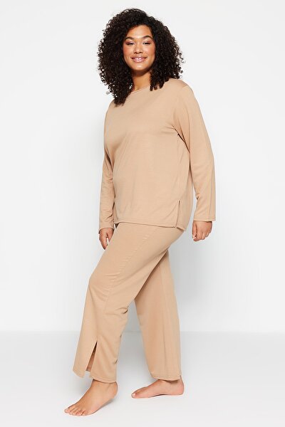 Plus Size Pajama Set - Beige - Plain
