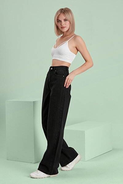 its basic Kadın Siyah Black Od Renk Belden Ayarlı Kemer Süper Uzun Bol  Kesim Jean Fiyatı, Yorumları - Trendyol