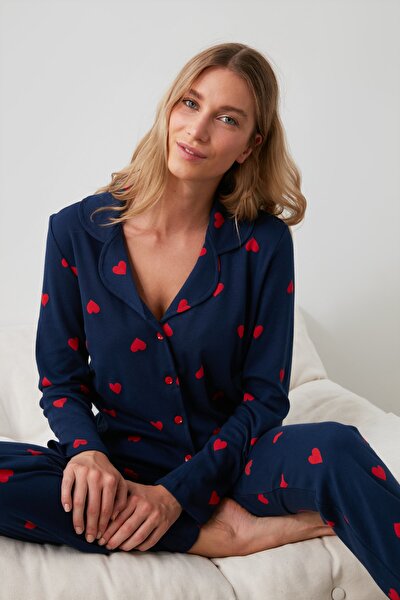 Lacivert Kalp Baskılı Örme Pijama Takımı THMAW21PT0548
