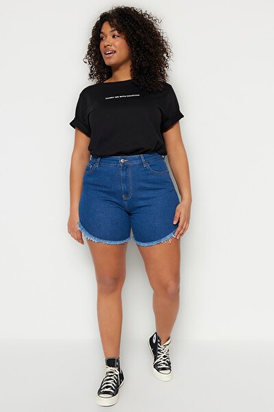 Plus Size Shorts & Bermuda - Blue - High Waist