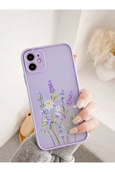 Iphone 11 Uyumlu Lila Kamera Lens Korumalı Lavender Desenli Lüx Telefon Kılıfı