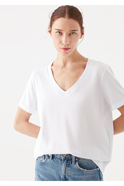 Kadın V Yaka Basic Beyaz T-Shirt