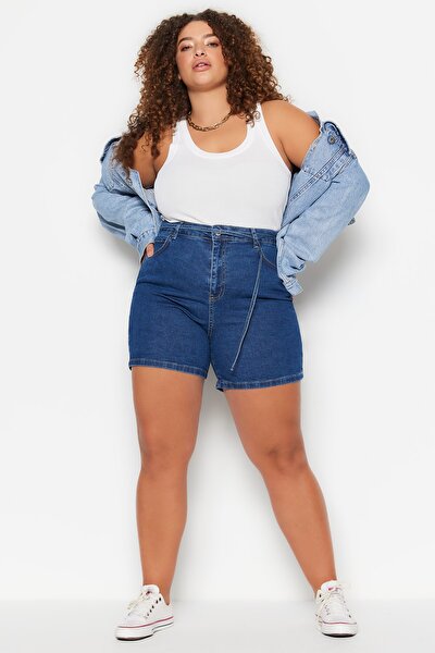 Plus Size Shorts & Bermuda - Blue - High Waist