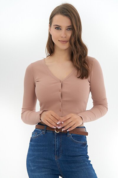Strickjacke - Beige - Figurbetont