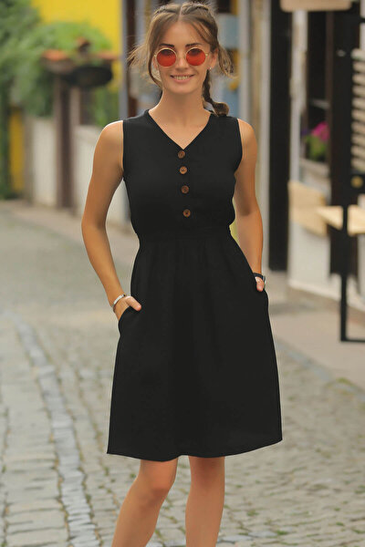 Kadın Siyah Beli Lastikli Üstü Düğmeli Elbise ARM-18Y001152