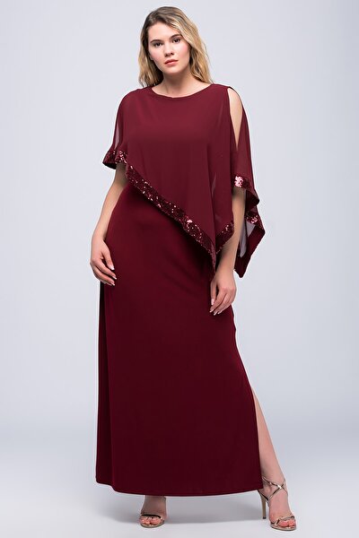 Plus Size Evening Dress - Burgundy - Asymmetric