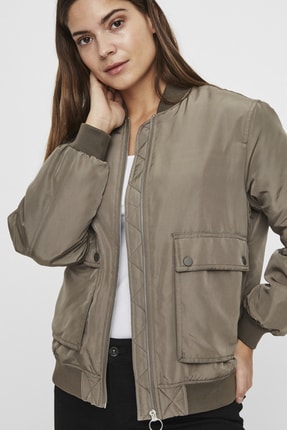 Vero Moda Kadın Haki Ribana Yaka Cepli Bomber Ceket 10222420 VMPAU