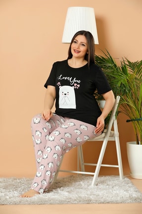 Elitol Kadın Siyah Battal Boy Baskılı Pamuklu Likralı Pijama Takım