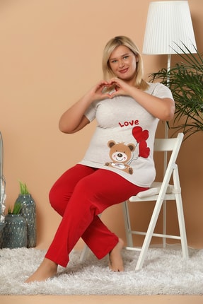 Elitol Kadın Bej Melanj Battal Boy Baskılı Pamuklu Likralı Pijama Takım