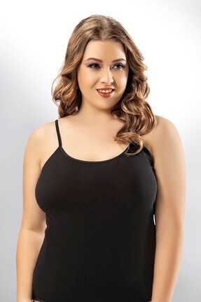 PrettyChic Büyük Beden Bayan Ip Askı Dantelli Ince Pamuklu Atlet Siyah