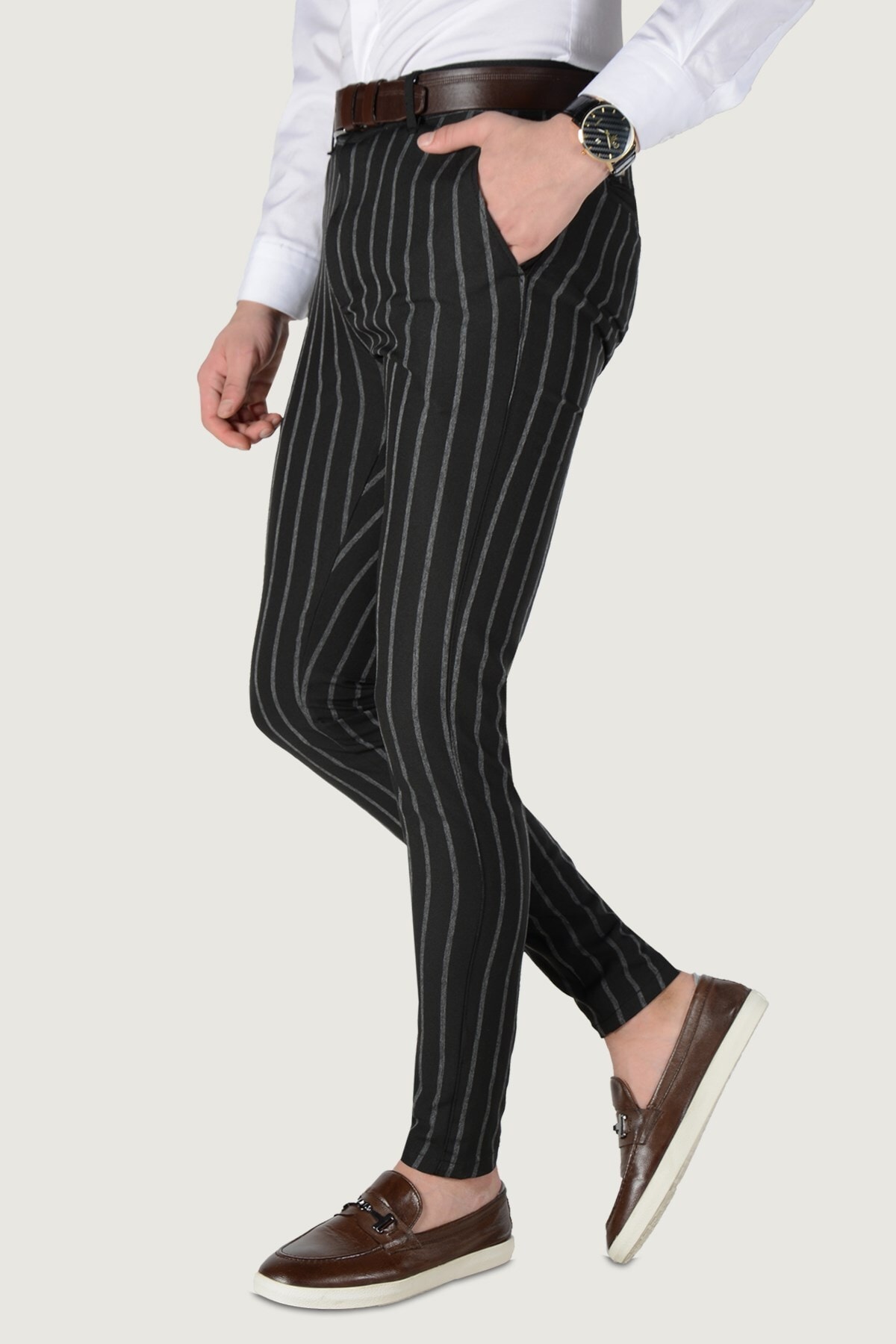 Terapi Men Erkek Çizgi Desenli Slim Fit Keten Pantolon 20K-2200235 Siyah
