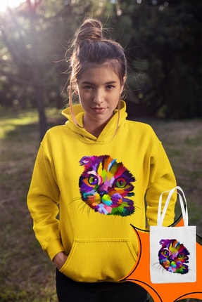 Angemiel Kadın Wear Kitty Sarı Kapüşonlu Sweatshirt Çanta Kombin