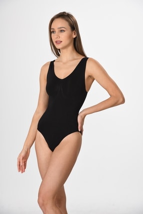 Miss Fit 1 Beden Küçülten Kalın Askılı Çıtçıtlı Kadın Body Korse 1904 Siyah Örme Seamless Dikişsiz Soft