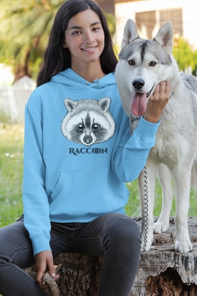 Angemiel Wear Tatlı Rakun Mavi Kadın Kapüşonlu Sweatshirt Çanta Kombin