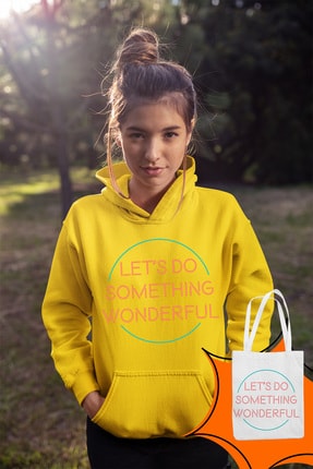 Angemiel Kadın Wear Hadi Birşeyler Yapalım Sarı Kapüşonlu Sweatshirt Çanta Kombin