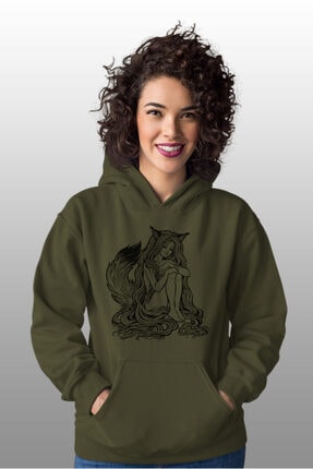 Angemiel Wear Tilki Kadın Yeşil Kadın Kapüşonlu Sweatshirt Çanta Kombin
