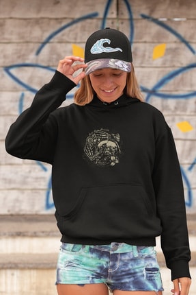 Angemiel Wear Saate Sarılı Iskelet Adam Siyah Kadın Kapüşonlu Sweatshirt Çanta Kombin