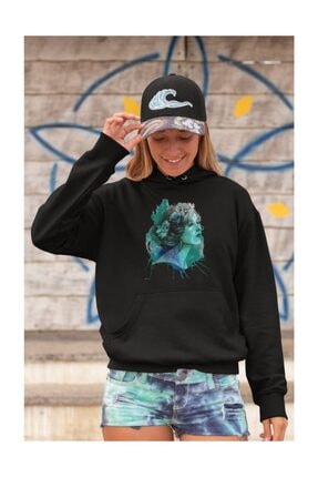 Angemiel Wear Suluboya Kadın Portre Siyah Kadın Kapüşonlu Sweatshirt