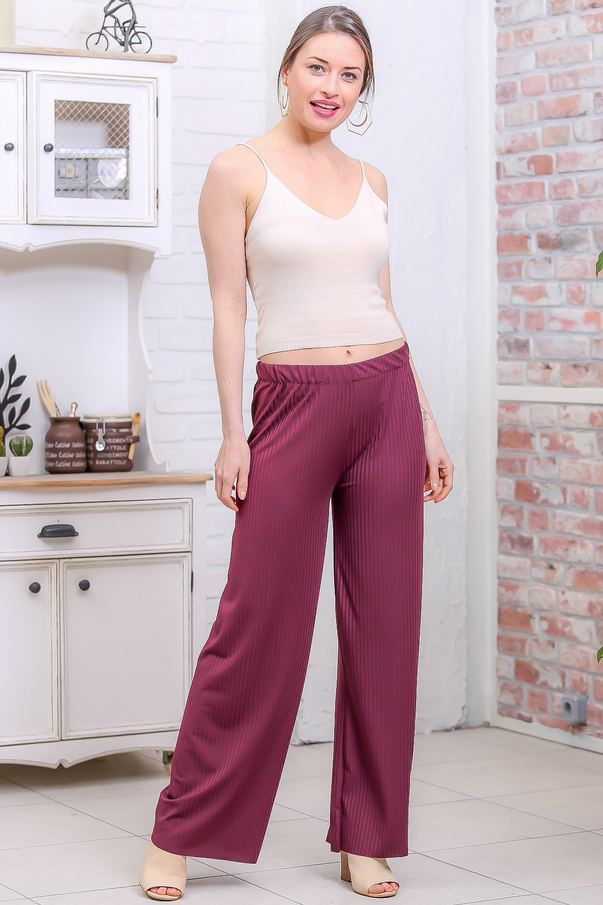 Chiccy Kadın Mürdüm Casual Pile Detaylı Kaşkorse Rahat Pantolon M10060000PN99154