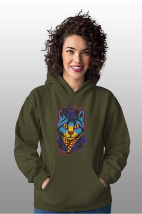 Angemiel Kadın Wear Kedi Yeşil Kapüşonlu Sweatshirt Çanta Kombin