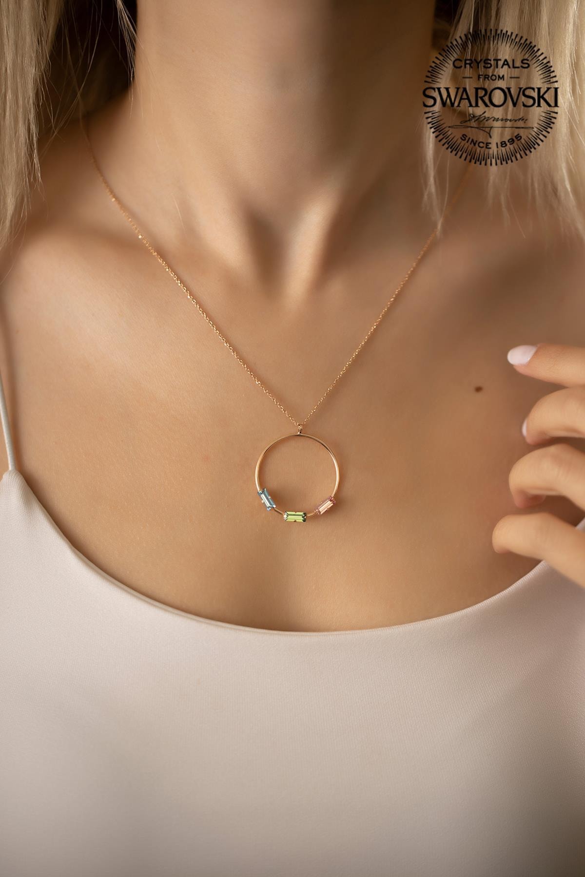 Ninova Silver Kadın Swarovski Taşlı Baget ve Halka Model Rose Kaplama Gümüş Kolye PKT-SBS0855