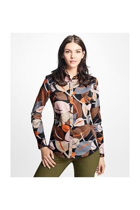 Brooks Brothers Kadın Kahverengi Yaprak Baskili Gömlek 1-00075599