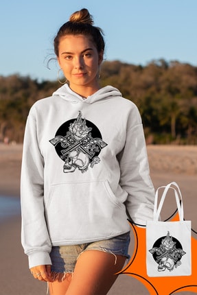 Angemiel Wear Death Beyaz Kadın Kapüşonlu Sweatshirt Çanta Kombin